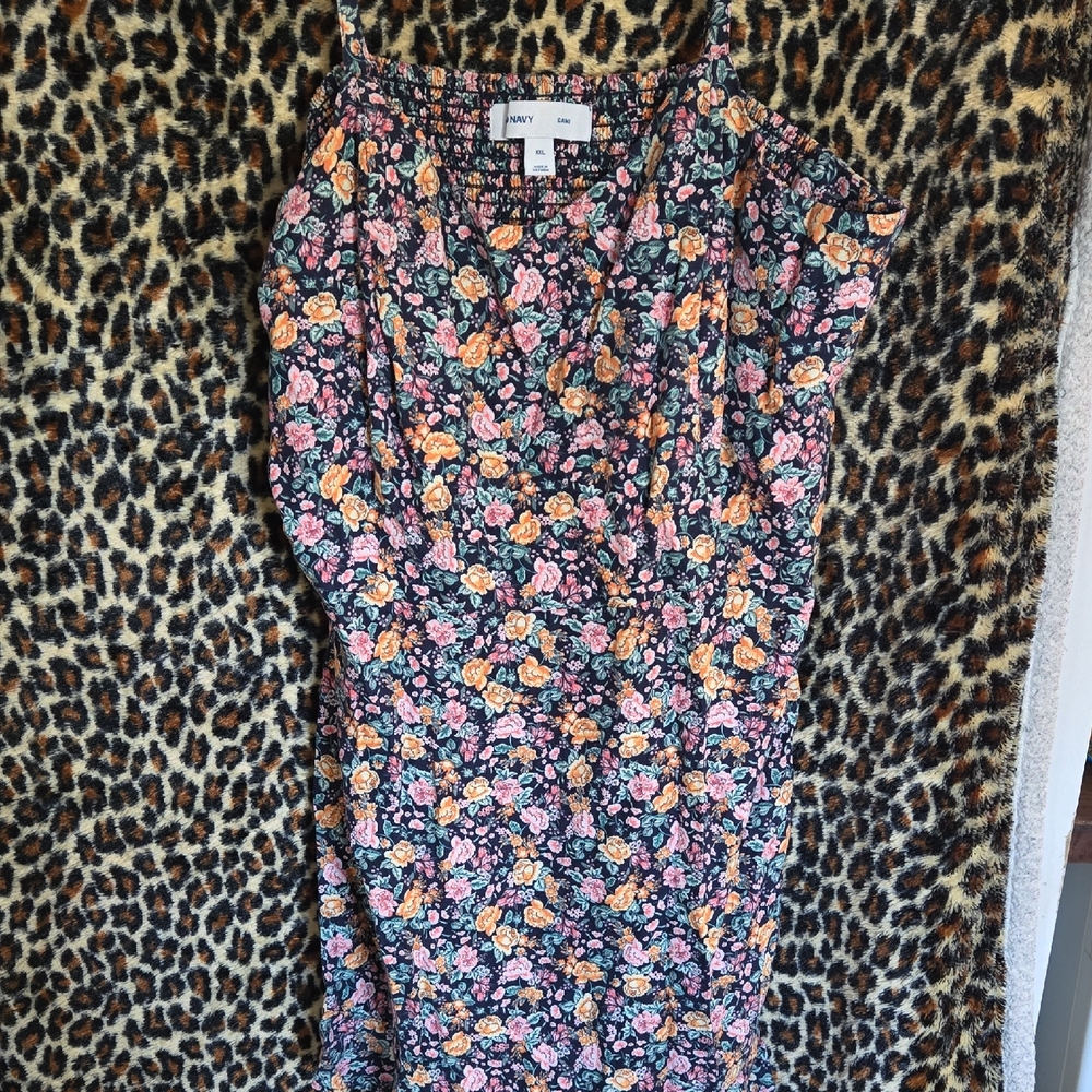 Old Navy Black Floral Midi Dress with Pink & Yellow Roses